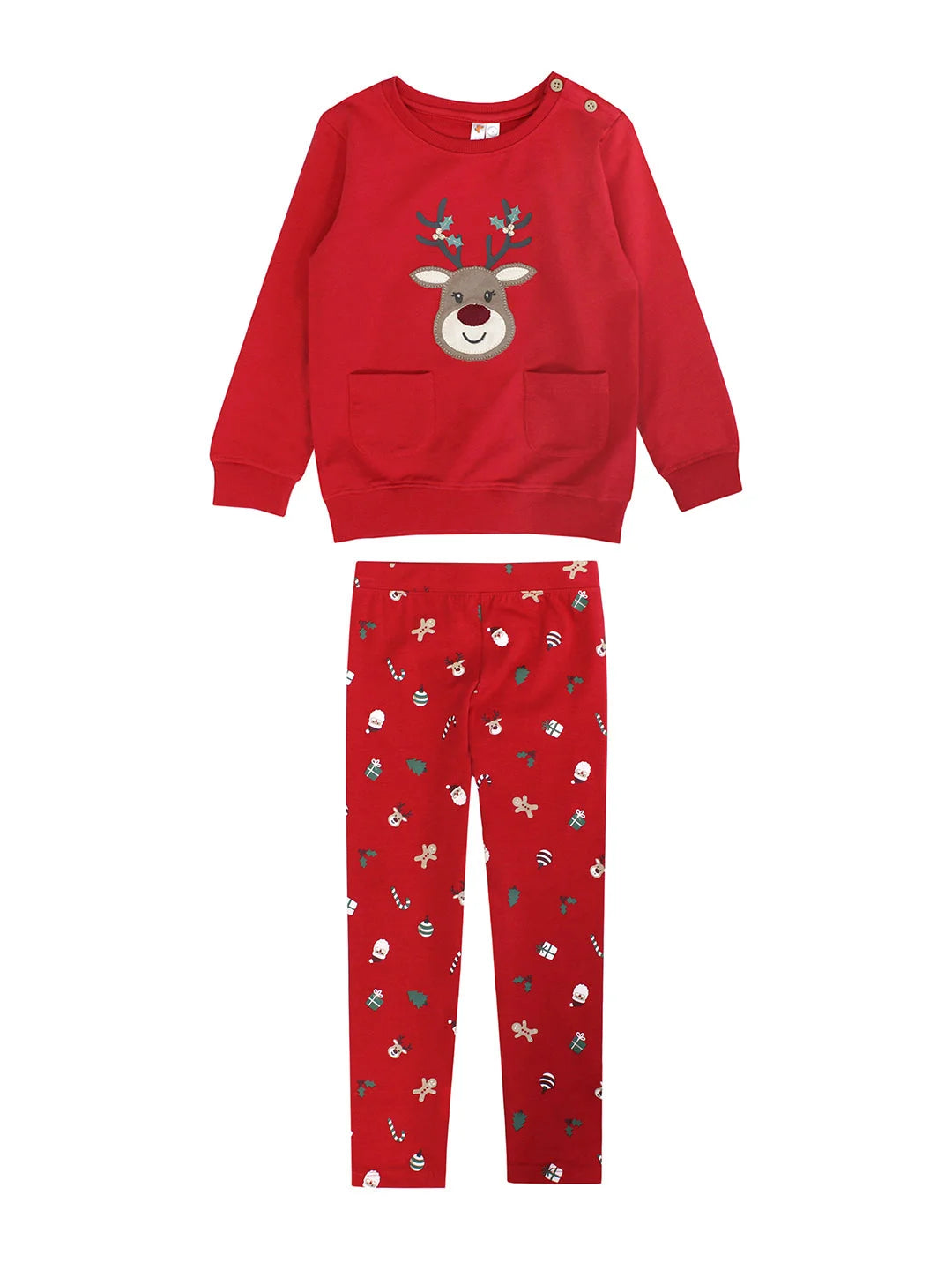 long sleeve red top with reindeer and christmas leggings