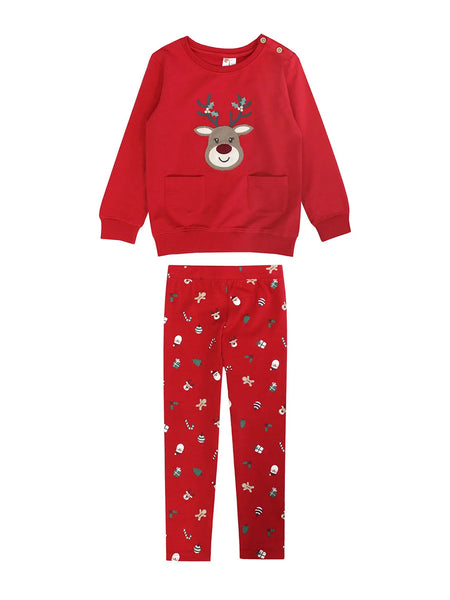 long sleeve red top with reindeer and christmas leggings