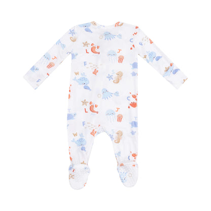 white footie with nautical print and alphabet letters