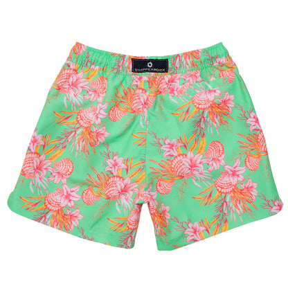 green swim shorts with coastal shells design