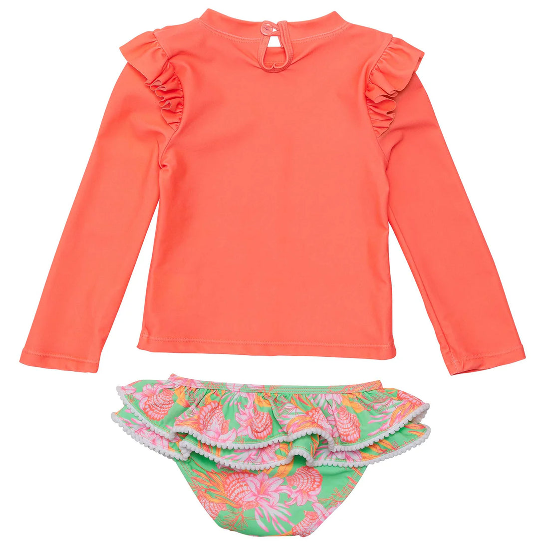 coral rashguard top and coastal shells bottom