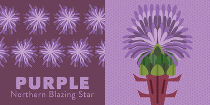 Illustration of a purple flower with green leaves on a purple background, labeled &