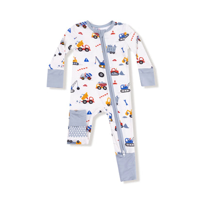 Baby onesie with vehicle pattern on a white background