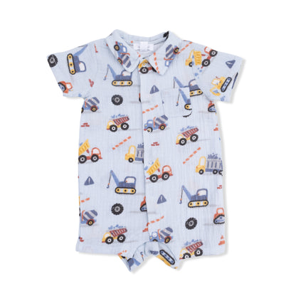 Baby romper with construction vehicle pattern on a white background