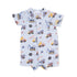Baby romper with construction vehicle pattern on a white background