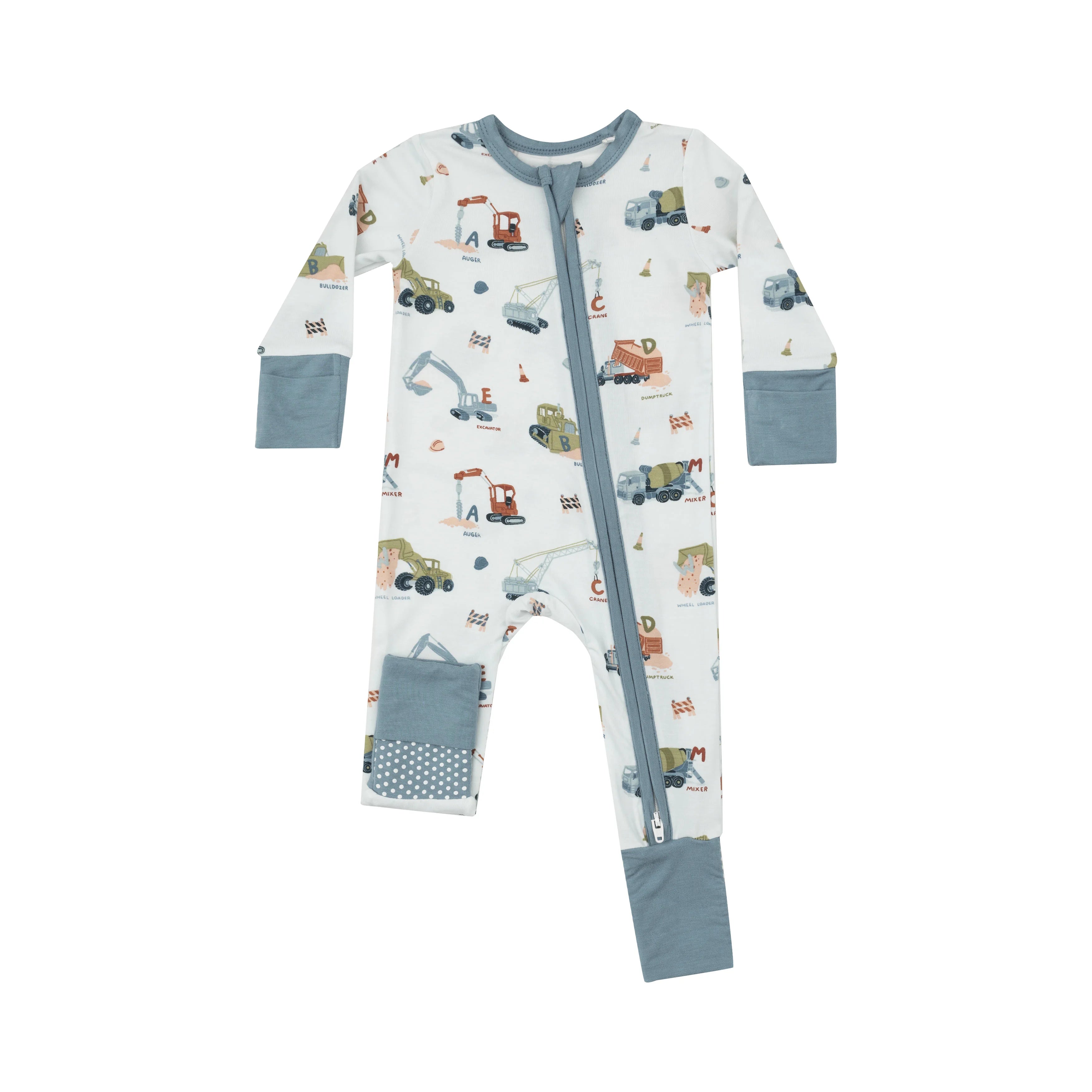 blue romper with construction trucks and letters

