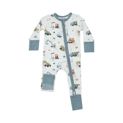 blue romper with construction trucks and letters

