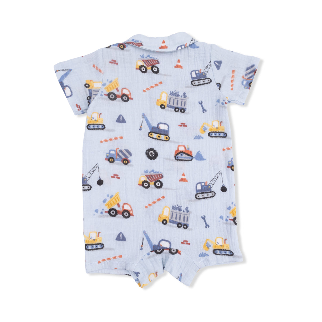 Baby romper with construction vehicle pattern on a white background