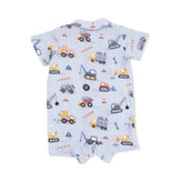 Baby romper with construction vehicle pattern on a white background