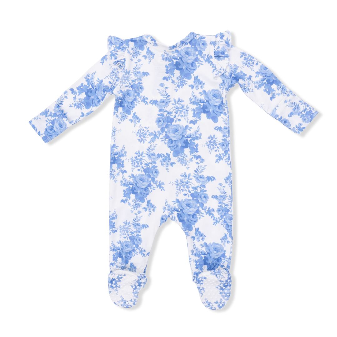 Baby onesie with blue floral pattern on a white background