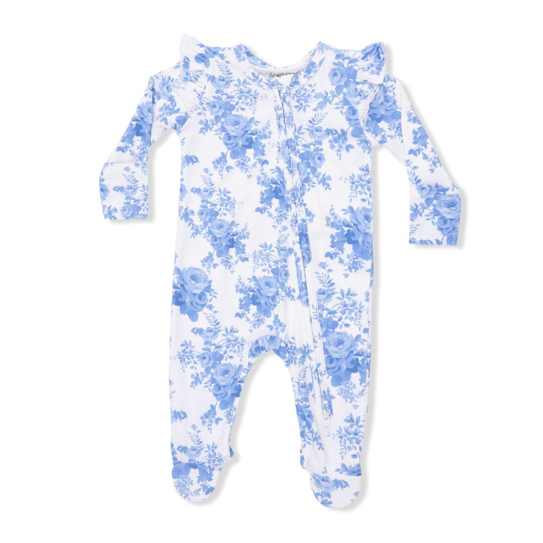 Baby onesie with blue floral pattern on a white background