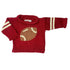 red sweater with 2 ivory stripes on each sleeve and brown football in the center