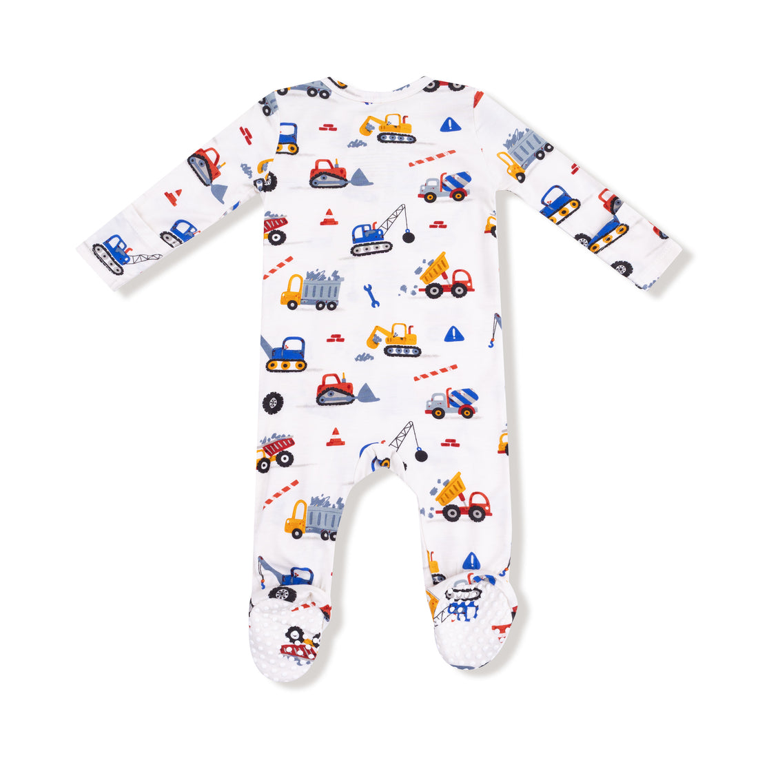 Baby onesie with construction vehicle pattern on a white background