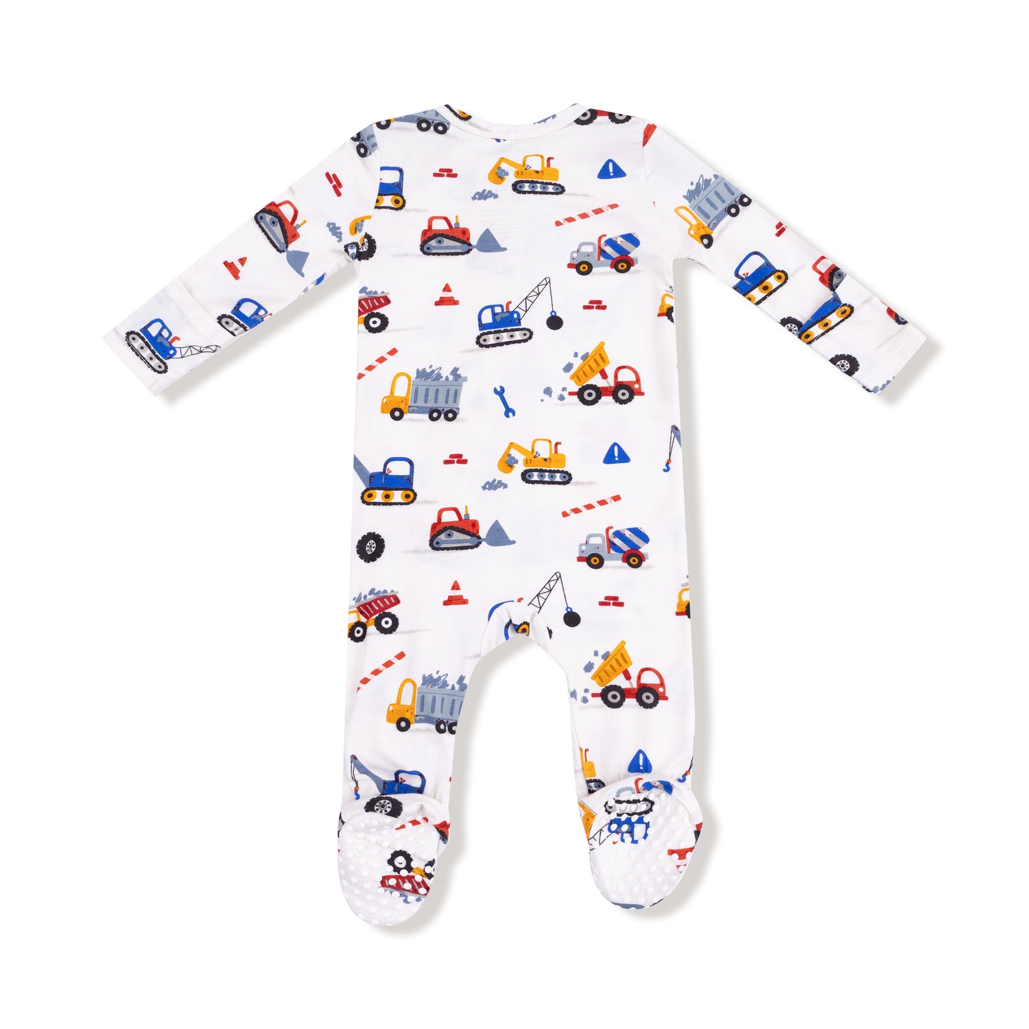 Baby onesie with construction vehicle pattern on a white background