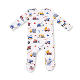 Baby onesie with construction vehicle pattern on a white background