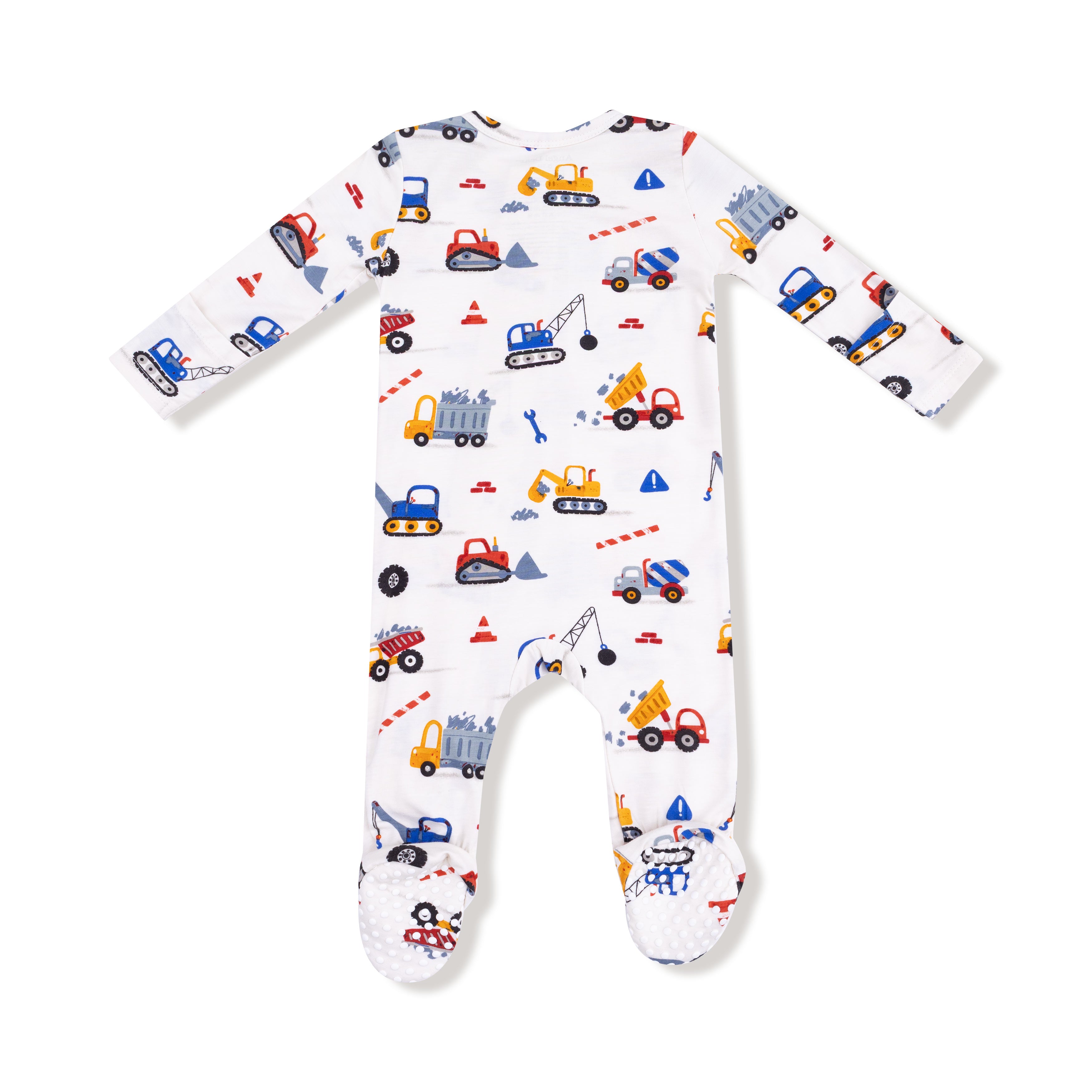 Baby onesie with construction vehicle pattern on a white background