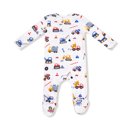 Baby onesie with construction vehicle pattern on a white background