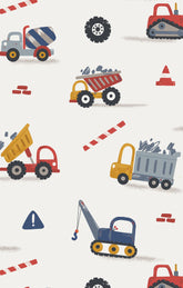 Pattern of colorful construction vehicles and icons on a white background