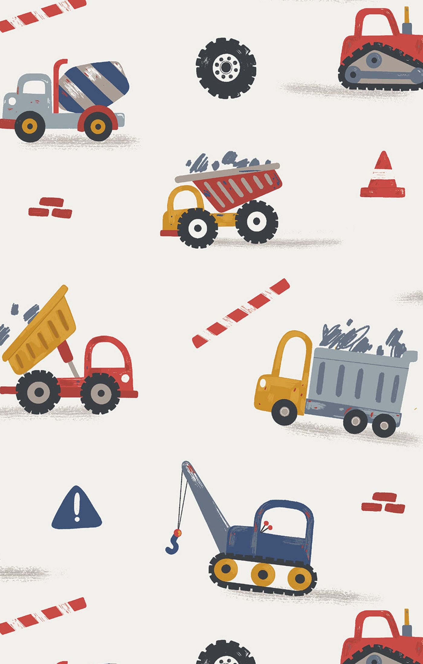 Pattern of colorful construction vehicles and icons on a white background