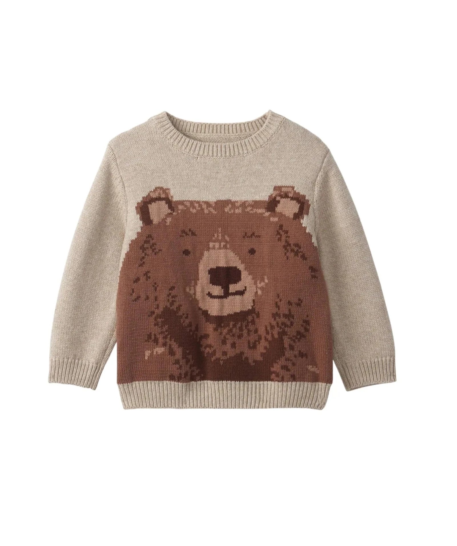 long sleeve cream sweater with large brown bear face smiling on front
