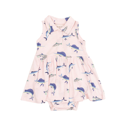 pink dress with deep sea fishing print with polo collar