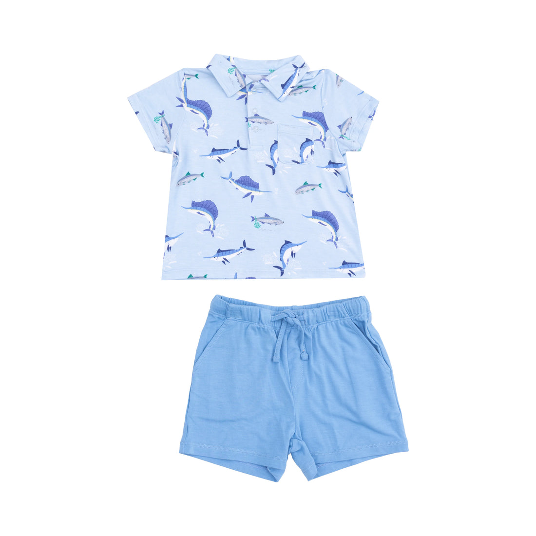 blue polo shirt with fish and plain blue shorts