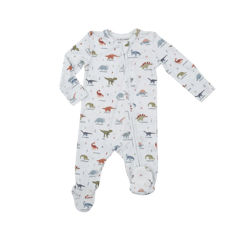 white zip footie with multi color dinosaurs