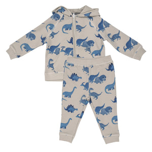 top is a zippered hoodie and bottoms are joggers, they have blue dinosaur print, different types of dinosaurs all over 