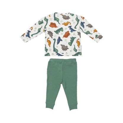 White/Green Dinosaur Waffle Sweatshirt + Jogger 2pc Set