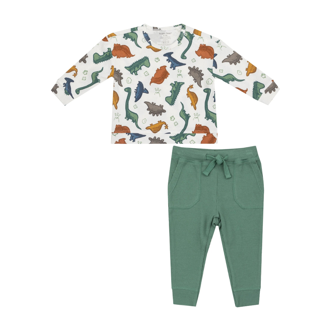 White/Green Dinosaur Waffle Sweatshirt + Jogger 2pc Set