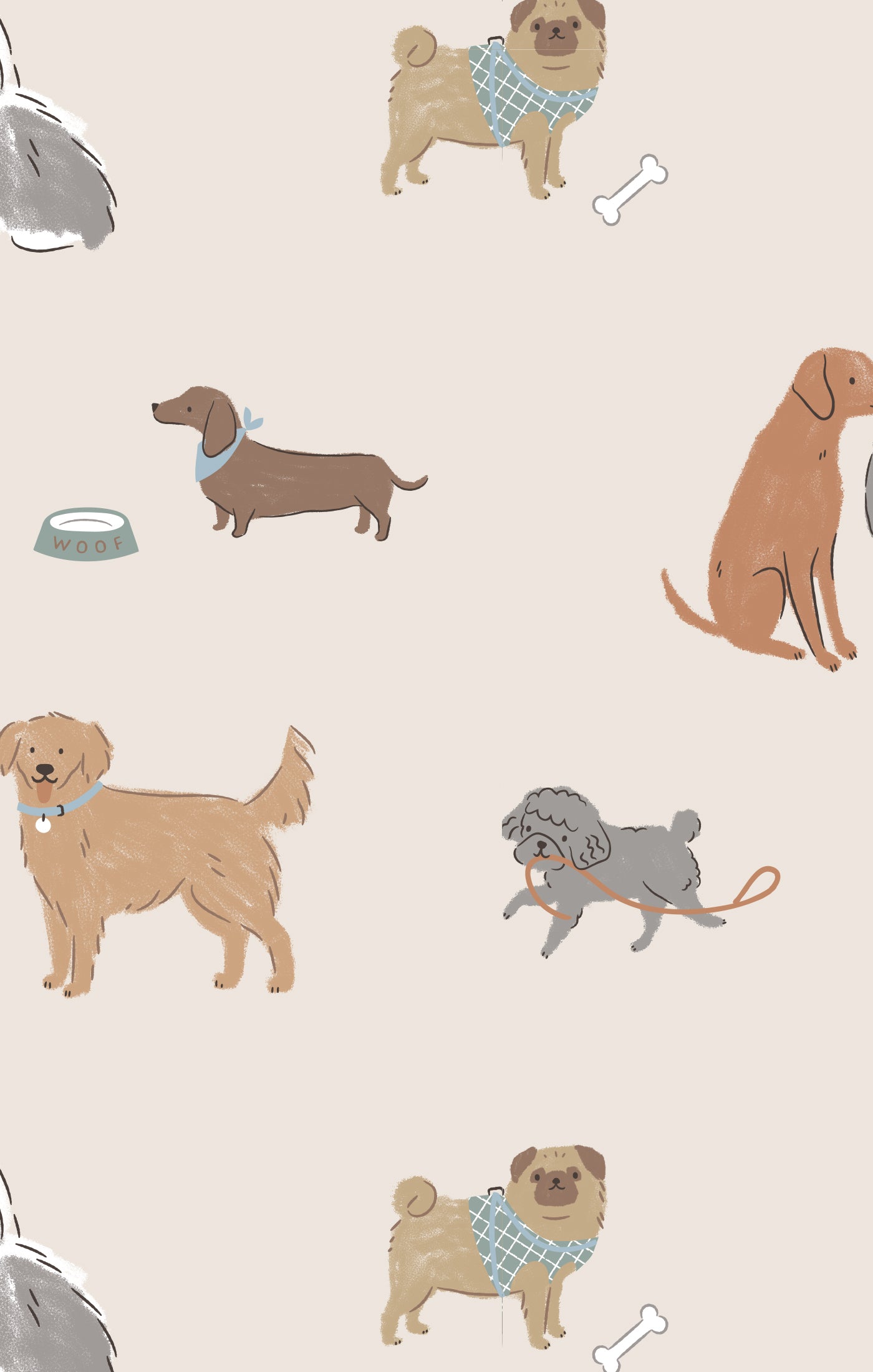 Pattern of various dogs on a beige background