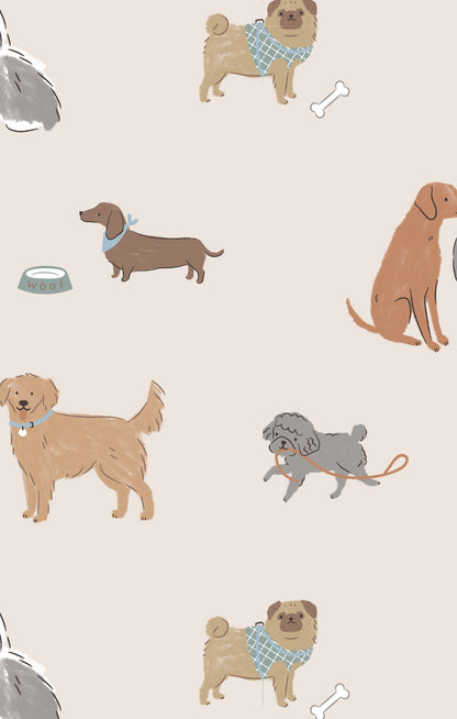 Pattern of various dogs on a beige background