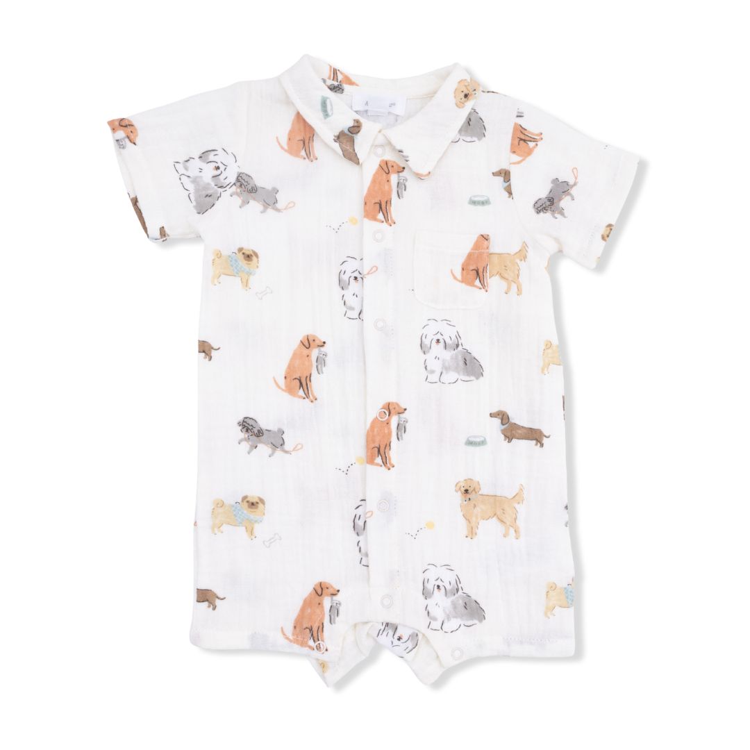 Baby romper with dog pattern on a white background