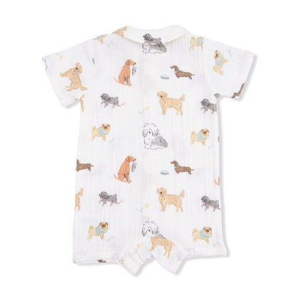 Baby romper with dog pattern on a white background