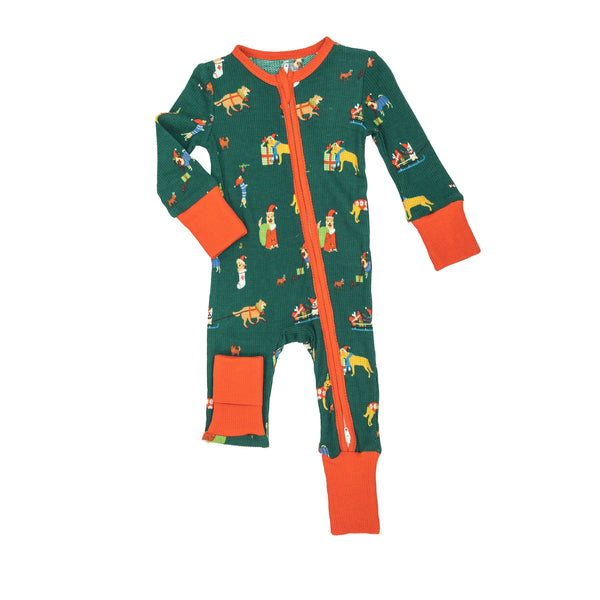 green romper with Christmas themed dogs all over
