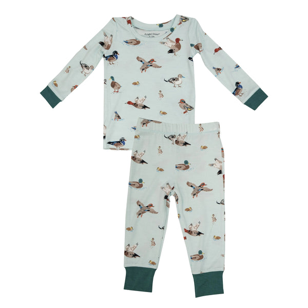 long sleeve top and long pants, green background with ducks all over