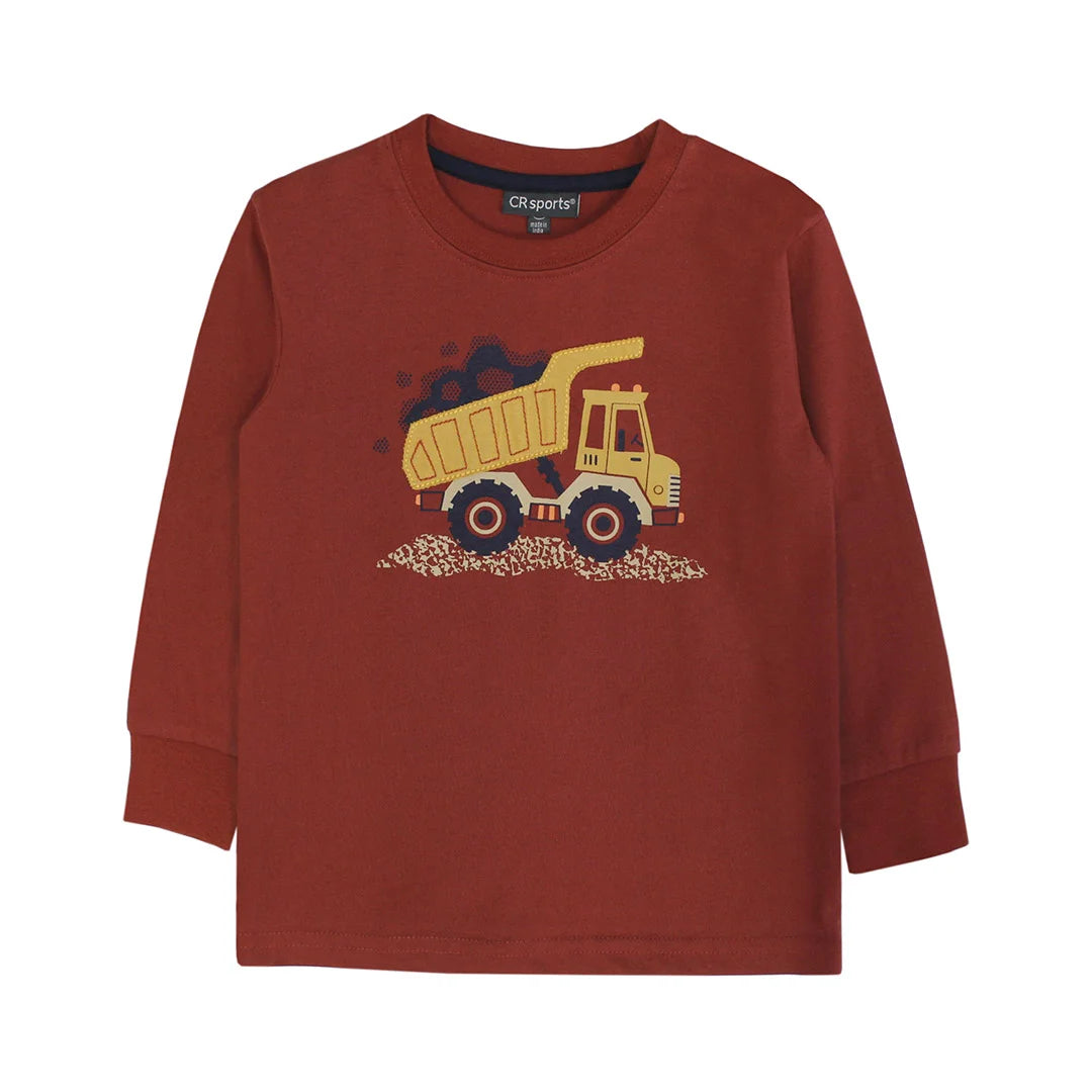 red long sleeve shirt with yellow dump truck