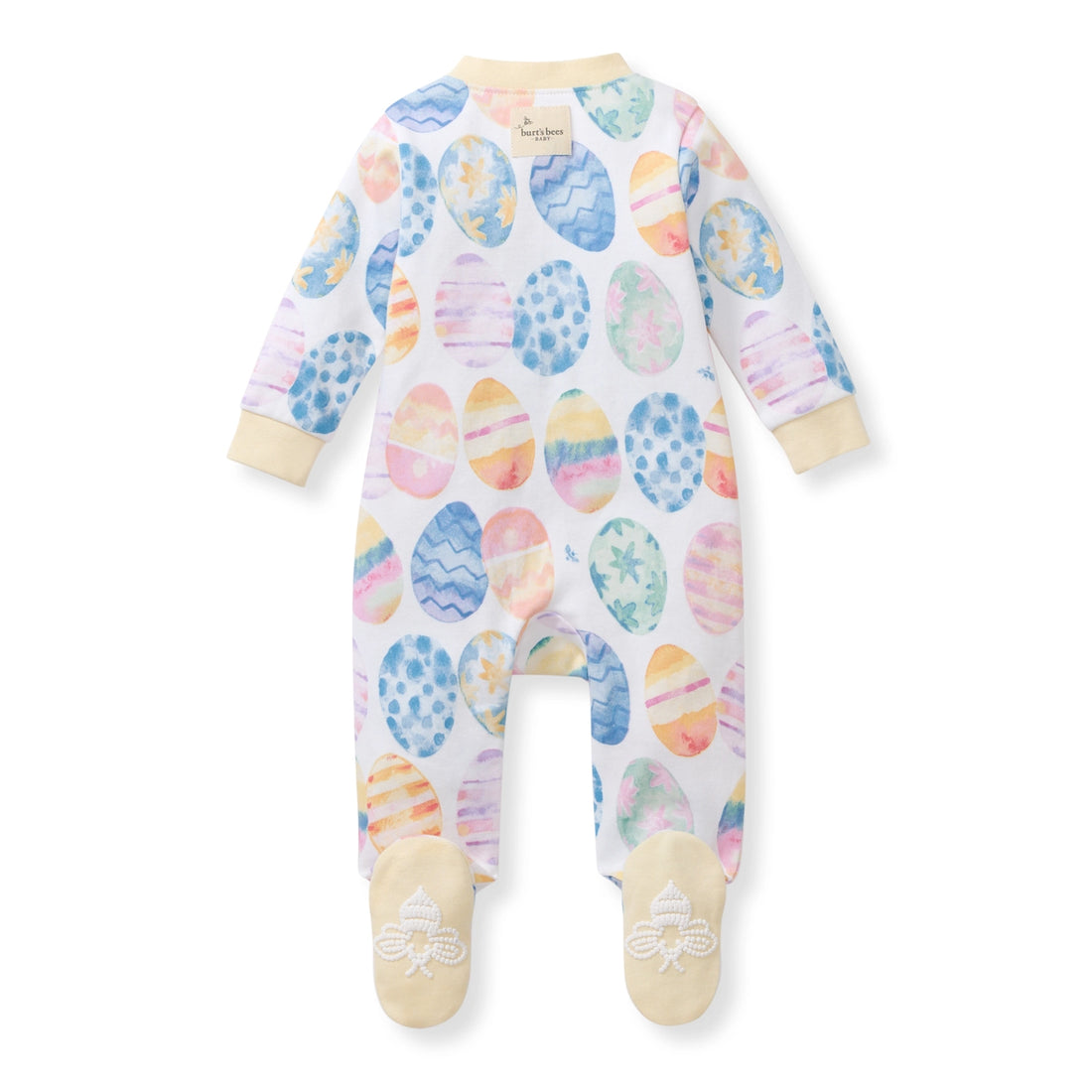 Baby onesie with colorful egg pattern on a white background
