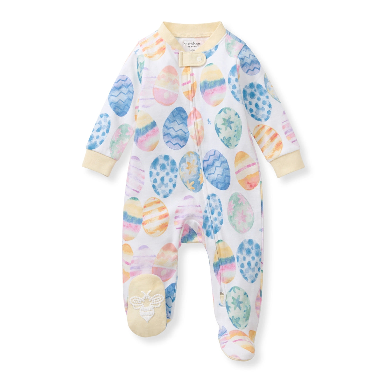 Baby onesie with colorful egg pattern on a white background