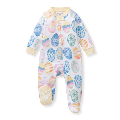 Baby onesie with colorful egg pattern on a white background