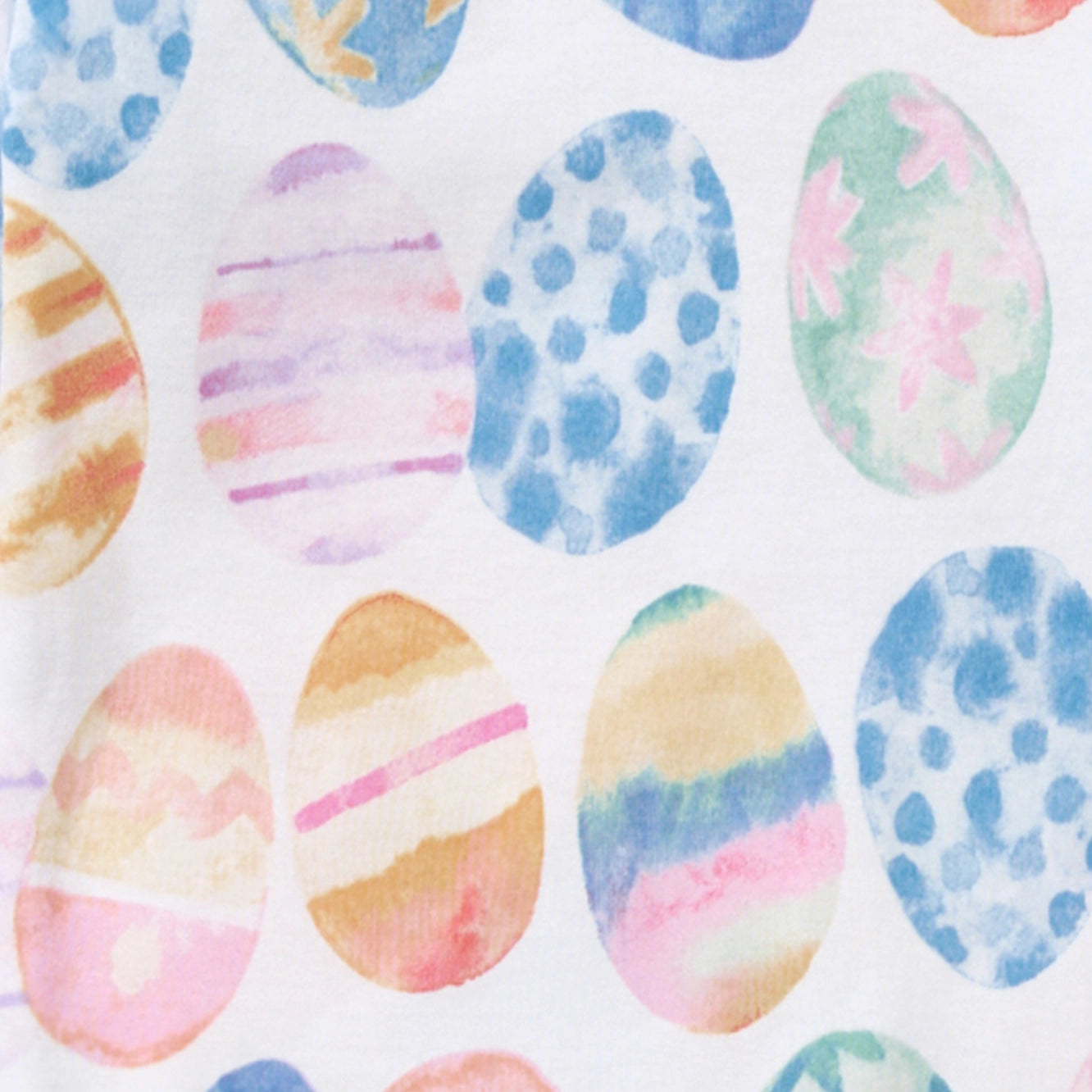 Pattern of watercolor Easter eggs in pastel colors on a white background