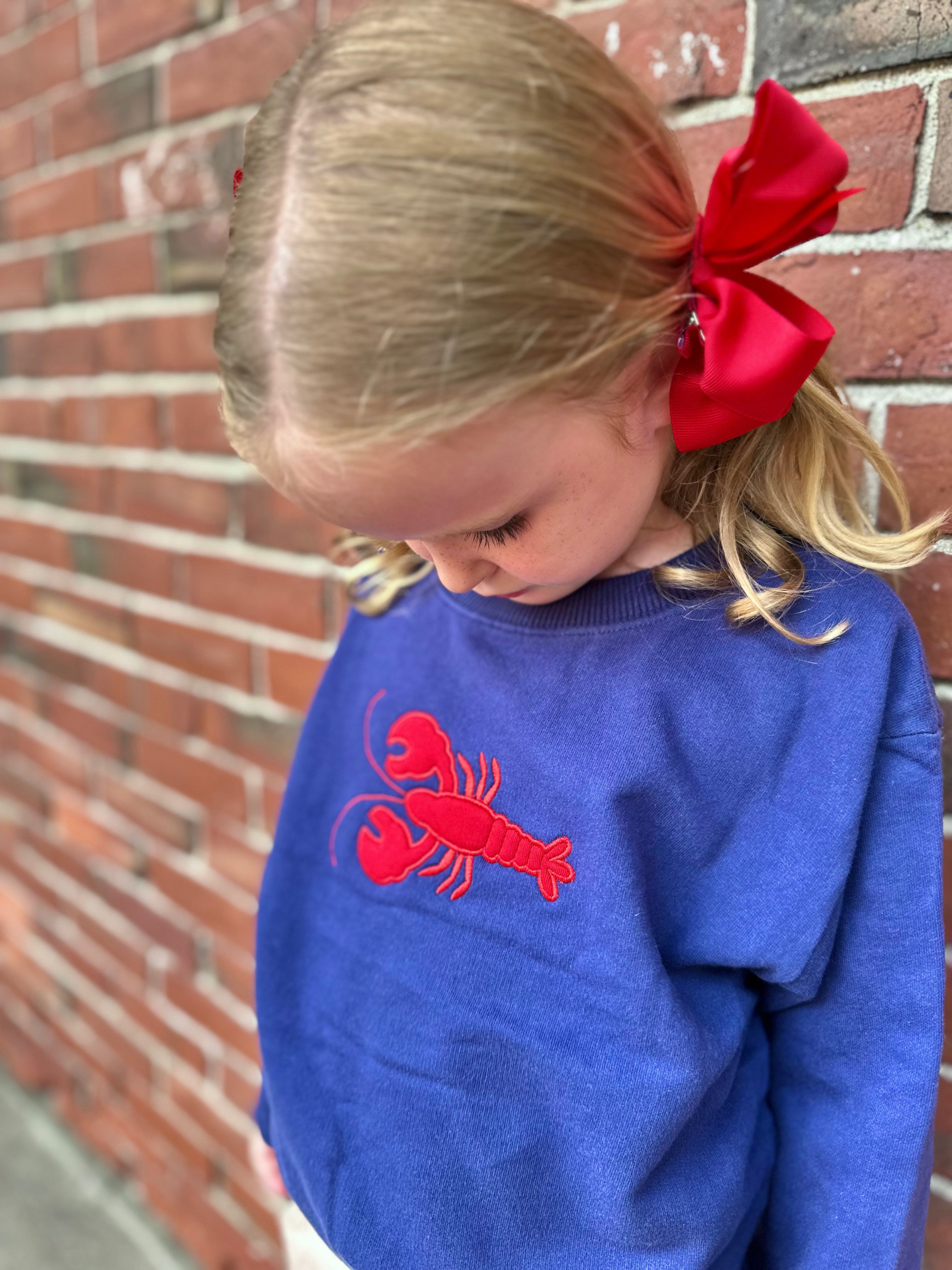 Child wearing a blue sweatshirt with a red lobster design against a brick wall.