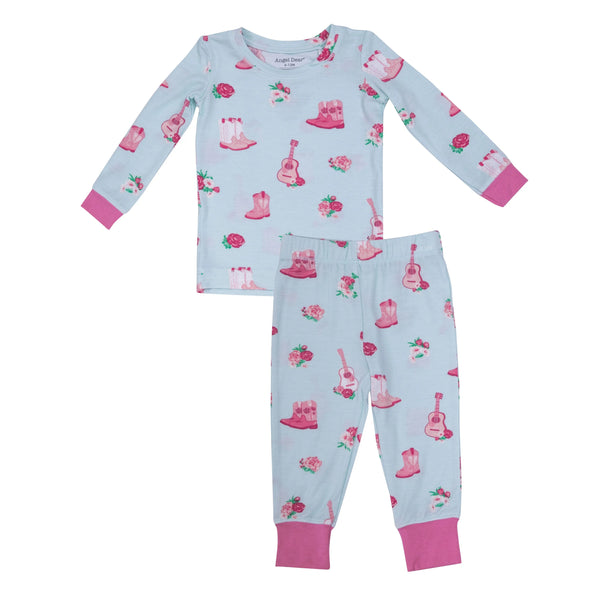 blue pajamas with pink cowgirl boots, guitars, and flowers