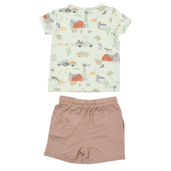 top and shorts kids outfit with farm print