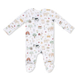 Baby onesie with farm animal pattern on a white background