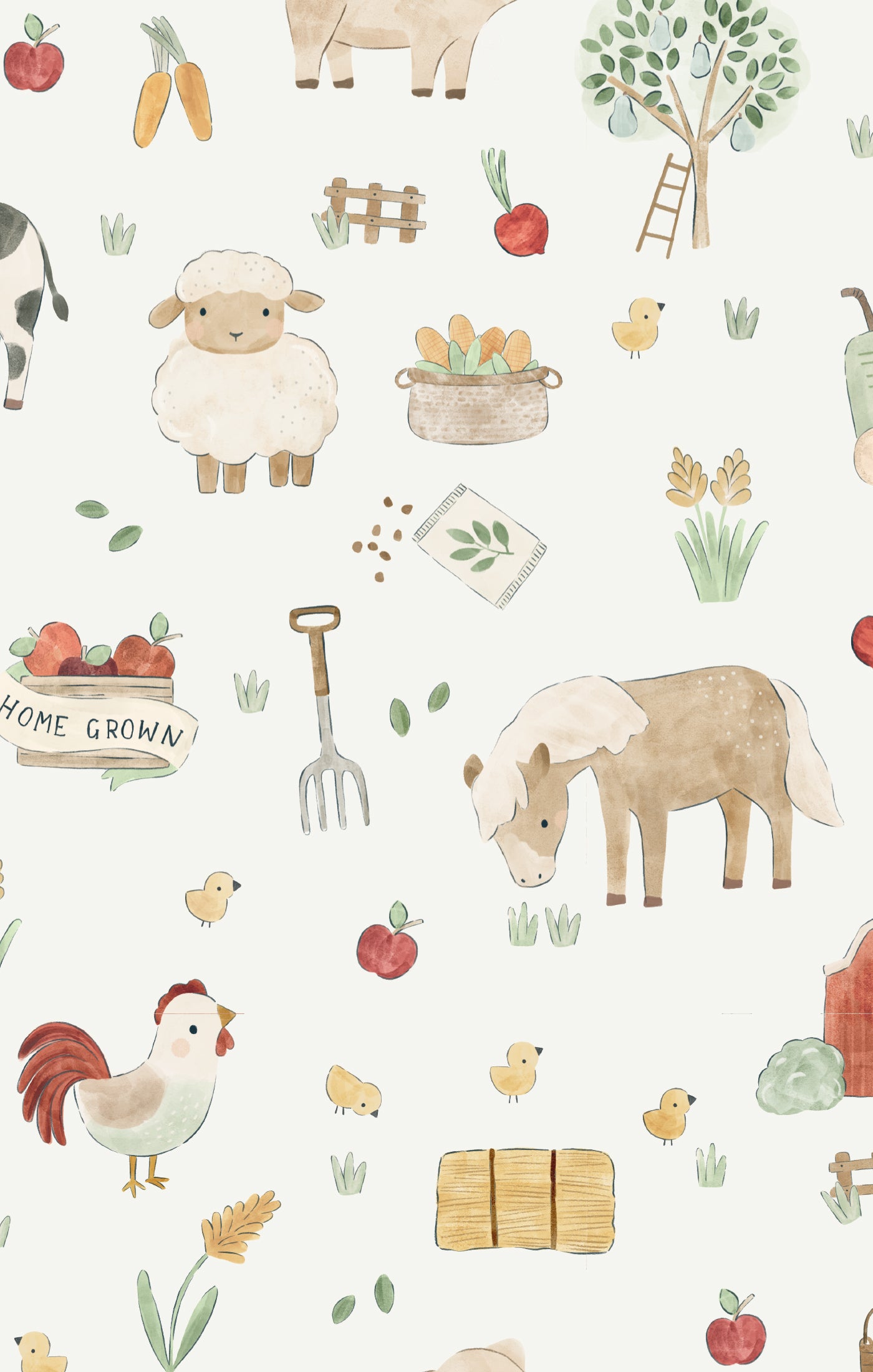 Farm-themed wallpaper with animals, vegetables, and objects on a light background
