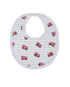 grey and white striped bib with red firetrucks all over
