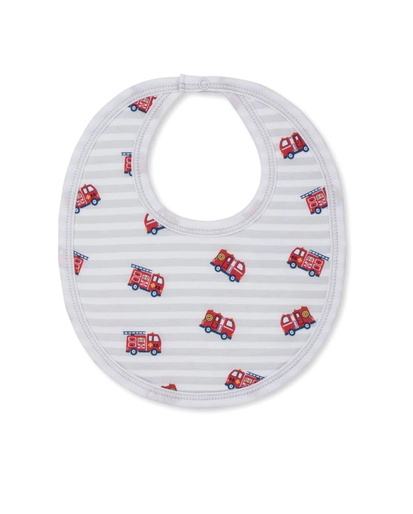 grey and white striped bib with red firetrucks all over