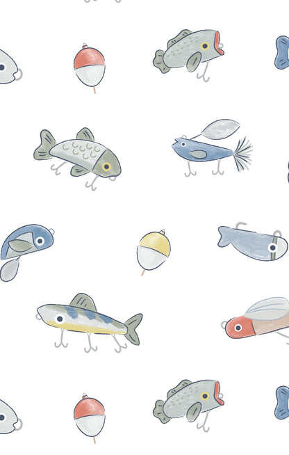 Pattern of cartoon fish and fishing lures on a white background