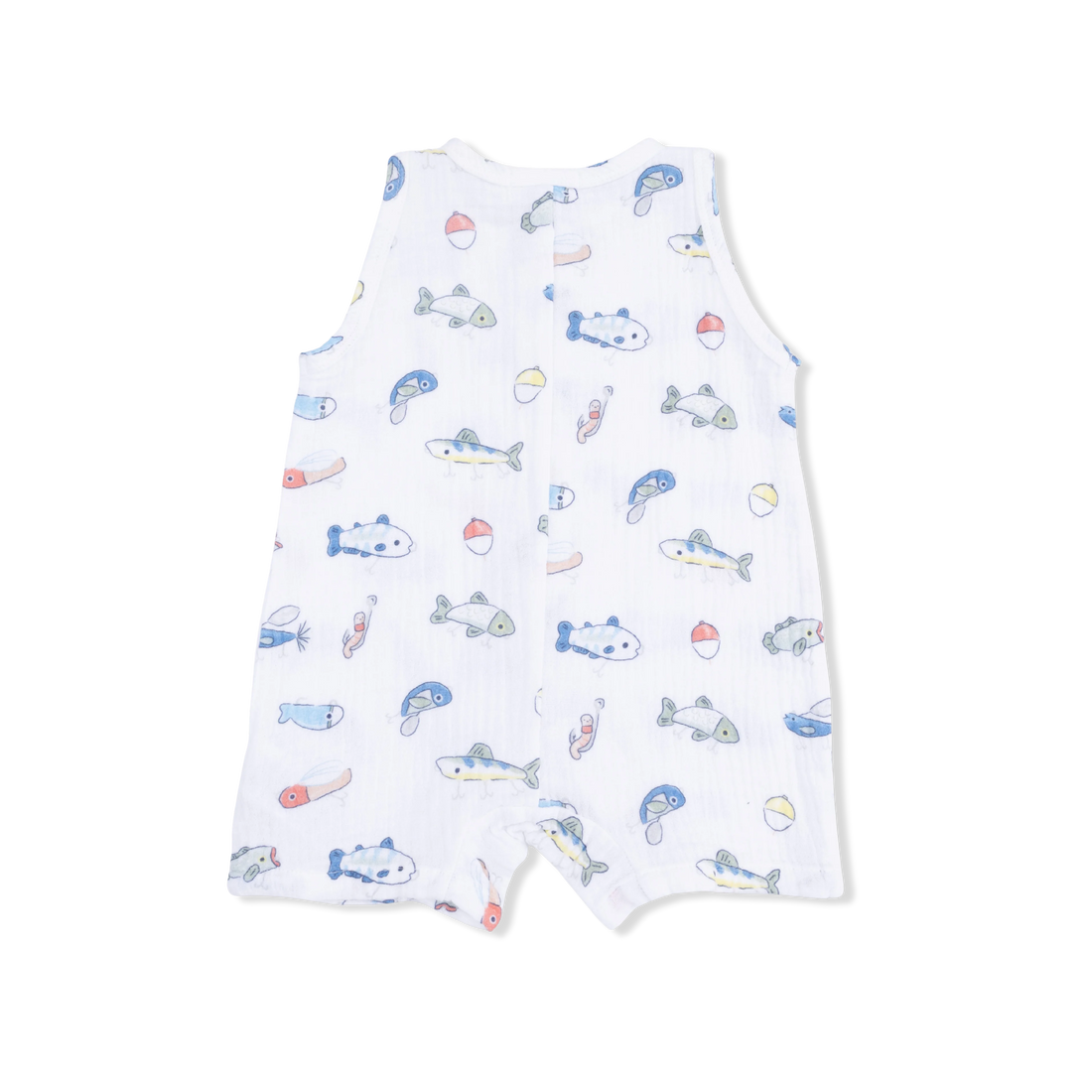 Baby romper with colorful fish print on a white background